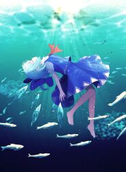 Rule 34 | 1girl, absurdres, air bubble, animal, barefoot, blue bow, blue hair, blue skirt, blue vest, bow, bubble, cirno, closed eyes, collared shirt, detached wings, fairy, feet, fish, hair bow, highres, ice, ice wings, shirt, short hair, short sleeves, skirt, solo, toes, touhou, underwater, vest, white shirt, wings, wrainman
