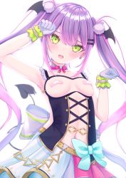 Rule 34 | 1girl, armpits, bandaid, breastless clothes, breasts, breasts out, demon girl, earrings, gloves, green eyes, highres, hololive, jewelry, looking at viewer, miniskirt, pasties, pointy ears, purple hair, sakura yunuto, simple background, skirt, sleeveless, small breasts, solo, tokoyami towa, virtual youtuber, white background