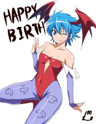Rule 34 | 1girl, bare shoulders, birthday, blue eyes, blue hair, blush, breasts, cleavage, cosplay, crossover, english text, eyelashes, fang, fang out, fangs, happy, happy birthday, jabara tornado, leotard, lilith aensland, lilith aensland (cosplay), looking at viewer, matching hair/eyes, nishijima waon, one eye closed, pantyhose, precure, print pantyhose, red leotard, short hair, simple background, sitting, small breasts, smile, solo, spiked hair, striped clothes, striped pantyhose, suite precure, v, vampire (game), white background