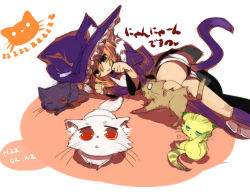 Rule 34 | 1girl, animal ears, blue eyes, cat, cat ears, cat tail, female focus, hat, lying, on side, orange hair, original, paw pose, shirow (crazy), simple background, solo, tail, white background, witch hat