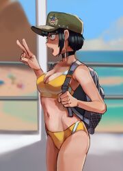 Rule 34 | 1girl, absurdres, audio jack, backpack, bag, beach, bikini, black bag, black choker, black eyes, black hair, blurry, blurry background, boardwalk, bob cut, boku no hero academia, breasts, choker, cleavage, collarbone, commentary, constricted pupils, cowboy shot, depth of field, eyelashes, field cap, from side, green hat, groin, hand up, hat, highres, holding strap, jirou kyouka, long earlobes, looking ahead, medium breasts, midriff, military hat, mountain, navel, ocean, open mouth, outdoors, pole, profile, railing, ribosoma 42, romaji commentary, sand, shaded face, short hair, sidelocks, solo, standing, swimsuit, talking, teeth, thighs, tomboy, upper teeth only, v, yellow bikini