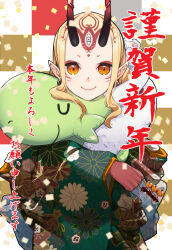 Rule 34 | 1girl, blonde hair, chinese zodiac, commentary request, dango, earrings, eyeliner, facial mark, fate/grand order, fate (series), food, forehead mark, fur collar, happy new year, highres, horns, ibaraki douji (fate), japanese clothes, jewelry, kimono, long hair, looking at viewer, makeup, new year, oni, oni horns, orange eyes, pointy ears, smile, solo, stuffed animal, stuffed dragon, stuffed toy, terasako, upper body, wagashi, year of the dragon