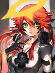 Rule 34 | 1girl, ankh, ankh necklace, aria (guilty gear), spiked halo, gloves, green eyes, guilty gear, guilty gear strive, hair between eyes, halo, highres, jack-o&#039; valentine, long hair, looking at viewer, multicolored hair, orange hair, portrait, two-tone hair