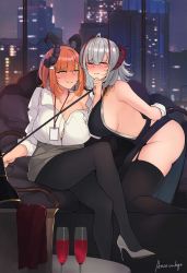 Rule 34 | 2girls, anationkgt, arknights, artist name, ass, bare shoulders, black legwear, blunt bangs, blush, bound, bound wrists, bow, breasts, chinese commentary, cityscape, collarbone, crossed legs, cup, curvy, demon girl, demon horns, demon tail, drinking glass, full body, garter straps, hair between eyes, hair ornament, hairclip, half-closed eyes, high heels, highres, horns, huge breasts, id card, jewelry, large breasts, leash, leash pull, looking at another, multicolored hair, multiple girls, necklace, off shoulder, office lady, one eye closed, open mouth, orange hair, original, pantyhose, parted lips, red bow, red eyes, restrained, shirt tucked in, sideboob, sitting, skirt, tail, thick thighs, thighhighs, thighs, two-tone hair, w (arknights), white footwear, white hair, wine glass, yellow eyes