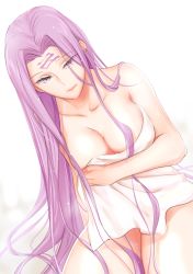 Rule 34 | 1girl, breasts, cleavage, covering privates, f-tani, facial mark, fate/stay night, fate (series), forehead mark, highres, large breasts, long hair, looking at viewer, matching hair/eyes, medusa (fate), medusa (rider) (fate), naked towel, purple eyes, purple hair, smile, solo, towel, very long hair, wet, white towel