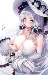 Rule 34 | 2girls, azur lane, baby, bare shoulders, blue eyes, blush, breastfeeding, breasts, cleavage, closed eyes, closed mouth, collarbone, commentary request, detached collar, detached sleeves, dress, hat, highres, illustrious (azur lane), large breasts, little illustrious (azur lane), long hair, long sleeves, mole, mole under eye, mother and daughter, multiple girls, nipples, one breast out, pantyhose, piukute062, see-through, sidelocks, signature, silver hair, simple background, smile, strapless, strapless dress, sun hat, very long hair, white background, white dress, white headwear, white theme