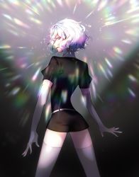 Rule 34 | 1other, absurdres, androgynous, bad id, bad pixiv id, crystal hair, diamond (houseki no kuni), elbow gloves, gem uniform (houseki no kuni), gloves, glowing, glowing hair, highres, houseki no kuni, looking at viewer, looking back, multicolored eyes, multicolored hair, rainbow eyes, rainbow hair, short hair, smile, solo, sparkle, thick eyebrows, thighhighs, wavy hair