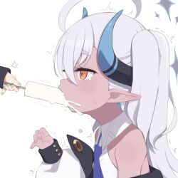 Rule 34 | 2girls, ^^^, anger vein, blue archive, coat, colored inner hair, dark-skinned female, dark skin, demon girl, demon horns, food, gamuo, green nails, grey hair, holding, holding food, holding popsicle, horns, long hair, long sleeves, melting, momoka (blue archive), multicolored hair, multiple girls, open clothes, open coat, orange eyes, pointy ears, popsicle, popsicle stick, sexually suggestive, sidelocks, sleeveless, sumomo (blue archive), tail, two-tone hair, two side up, white background, white coat