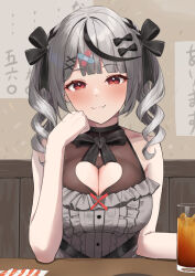 1girl :3 bandaid bandaid_hair_ornament black_bow black_dress bow breasts cleavage cleavage_cutout clothing_cutout dress drill_hair fang fang_out hair_bow hair_ornament haro_art head_rest heart_cutout highres hololive large_breasts looking_at_viewer medium_hair official_alternate_costume red_eyes sakamata_chloe sakamata_chloe_(jirai_kei) sleeveless sleeveless_dress smile solo twin_drills virtual_youtuber x_hair_ornament