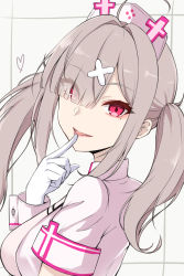 Rule 34 | 1girl, absurdres, breasts, commentary request, eyes visible through hair, fangs, finger to mouth, gloves, grey background, grey hair, hair ornament, hair over one eye, hand up, hat, heart, highres, jacket, kirikan (cokekiri), long hair, long sleeves, looking at viewer, looking to the side, medium breasts, mole, mole under eye, nijisanji, nurse, nurse cap, parted lips, red eyes, solo, sukoya kana, tongue, tongue out, twintails, virtual youtuber, white gloves, white hat, white jacket, x hair ornament