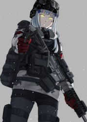 Rule 34 | 1girl, absurdres, assault rifle, bag, black pantyhose, black shorts, blue hair, camouflage, camouflage jacket, cyka, eyewear on head, from below, gas mask, girls&#039; frontline, gloves, green eyes, gun, h&amp;k hk416, highres, hk416 (fang) (girls&#039; frontline), hk416 (girls&#039; frontline), holding, holding gun, holding weapon, holster, jacket, long hair, looking at viewer, magazine (weapon), mask, mask around neck, pantyhose, red gloves, rifle, serious, shorts, simple background, snowflake background, snowflakes, solo, standing, tom clancy&#039;s the division, uniform, weapon, winter uniform
