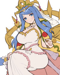 Rule 34 | 1girl, absurdres, ass, blue eyes, blue hair, breasts, cleavage, crown, dress, fire emblem, fire emblem engage, flower, gold crown, gonzarez, highres, huge breasts, jewelry, large breasts, long hair, lumera (fire emblem), multicolored clothes, nintendo, rose, solo, unfinished, white dress, wide hips