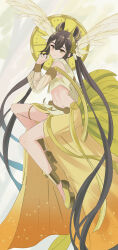 1girl anklet black_hair detached_sleeves duel_monster feather_hair_ornament feathers food fruit hair_ornament heichi highres japanese_clothes jewelry long_hair looking_at_viewer mandarin_orange midriff navel nontraditional_miko ohime_the_manifested_mikanko ribbon simple_background smile solo thighs twintails yellow_background yellow_eyes yellow_ribbon yu-gi-oh!