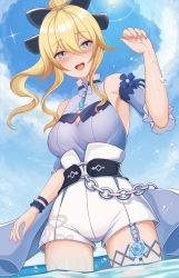 Rule 34 | 1girl, :d, belt, blonde hair, blue eyes, blue sky, blush, bow, chain, cloud, cloudy sky, commentary request, genshin impact, hair between eyes, hair bow, hair ribbon, highres, horizon, in water, jean (genshin impact), jean (sea breeze dandelion) (genshin impact), long hair, looking at viewer, lunarscent, ocean, open mouth, ponytail, ribbon, scrunchie, sidelocks, sky, smile, solo, swimsuit, thighlet, wading, water drop, wrist scrunchie