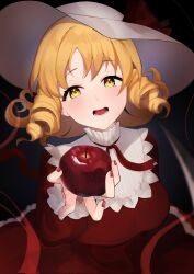 Rule 34 | 1girl, apple, blonde hair, breasts, dark background, dress, drill hair, elly (touhou), food, fruit, gradient background, hat, highres, holding, holding food, holding fruit, large breasts, looking at viewer, majime joe, medium hair, nail polish, open mouth, red dress, red nails, simple background, smile, solo, teeth, touhou, touhou (pc-98), yellow eyes