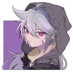 Rule 34 | 1boy, c3t gg, closed mouth, facial scar, fur trim, genshin impact, grey hair, hair between eyes, hood, hood up, long hair, looking at viewer, male focus, portrait, razor (genshin impact), red eyes, scar, scar on cheek, scar on face, simple background, solo