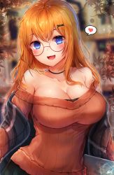 Rule 34 | 1girl, :d, absurdres, alternate costume, armpit crease, autumn leaves, bare shoulders, blue eyes, blurry, blurry background, breasts, choker, cleavage, collarbone, girls&#039; frontline, glasses, hair ornament, hairclip, heart, highres, hiromaster sinta jh, kalina (girls&#039; frontline), large breasts, long hair, looking at viewer, off-shoulder sweater, off shoulder, open mouth, orange hair, orange sweater, ribbed sweater, round eyewear, scarf, smile, solo, spoken heart, sweater, x hair ornament