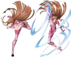 Rule 34 | 00s, 1girl, aoi nagisa (metalder), blue eyes, bodysuit, breasts, brown hair, covered erect nipples, female focus, full body, high heels, hime cut, impossible clothes, kicking, koukawa asuka, large breasts, lilith-soft, long hair, looking at viewer, multiple views, ninja, no bra, open mouth, punching, simple background, skin tight, smile, taimanin (series), taimanin asagi, thighhighs, very long hair, weapon, white background