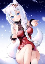 Rule 34 | animal ears, artist name, bad id, bad pixiv id, bare shoulders, blue eyes, blush, braid, breasts, cat ears, cat girl, cat tail, commentary request, covered navel, dress, feet out of frame, hair between eyes, highres, knee up, leaning to the side, looking at viewer, medium breasts, nami (nyaa), original, parted lips, pixiv username, red dress, silver hair, single braid, sleeveless, sleeveless dress, snowflakes, snowing, solo, tail, twitter username