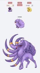 Rule 34 | arbok, character name, creature, creatures (company), darksilvania, english text, fangs, forked tongue, fusion, game freak, gen 1 pokemon, multiple tails, ninetales, nintendo, no humans, pokemon, pokemon (creature), purple theme, simple background, standing, tail, tongue, white background