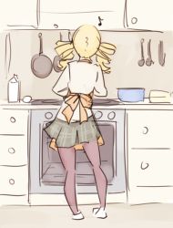 Rule 34 | 10s, 1girl, apron, blonde hair, cooking, drill hair, from behind, highres, kitchen, mahou shoujo madoka magica, mahou shoujo madoka magica (anime), monorus, musical note, oven, pantyhose, plaid, plaid skirt, pun, school uniform, sketch, skirt, solo, tomoe mami, twin drills, twintails