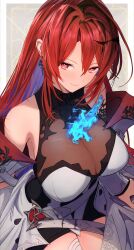 Rule 34 | 1girl, absurdres, ahoge, bare shoulders, blue fire, blue hair, breasts, colored inner hair, detached sleeves, dress, elizabeth rose bloodflame, fire, getto, highres, hololive, hololive english, huge ahoge, huge breasts, long hair, looking at viewer, multicolored hair, red eyes, red hair, smile, solo, very long hair, virtual youtuber, white dress