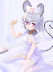Rule 34 | 1girl, animal ear fluff, animal ears, bed, cross, curtains, dress, greek cross, hat, hospital bed, ishikkoro, mouse ears, mouse tail, nazrin, nurse, nurse cap, on bed, red cross, red eyes, short hair, silver hair, sitting, solo, tail, thighhighs, touhou, wariza, white dress, white thighhighs, zettai ryouiki