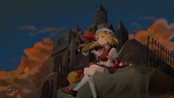 Rule 34 | 1girl, absurdres, blonde hair, cloud, cloudy sky, evening, fire, flandre scarlet, hat, hat ribbon, highres, mob cap, mushoku, puffy sleeves, red eyes, ribbon, shoes, short sleeves, sky, socks, solo, sunset, touhou, twilight, white hat, white socks, wings