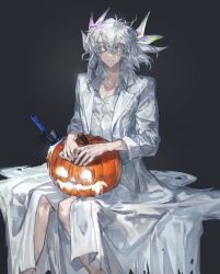 Rule 34 | 1boy, bed sheet, carving, dress shirt, facial tattoo, food, fudo yusei, grey background, highres, holding, holding food, holding pumpkin, holding vegetable, lab coat, looking at viewer, male focus, mokopuru, monochrome, on bed, planted, planted shovel, pumpkin, reflection, shirt, shovel, sitting, smile, spiked hair, tattoo, vegetable, white eyes, white hair, white shirt, yu-gi-oh!, yu-gi-oh! 5d&#039;s