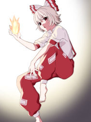 Rule 34 | 1girl, alternate hair length, alternate hairstyle, barefoot, bow, collared shirt, eringi (rmrafrn), fire, fujiwara no mokou, gradient background, grey background, greyscale, hair bow, hand up, highres, knee up, looking at viewer, monochrome, pants, parted lips, puffy pants, red eyes, red pants, shirt, short hair, short sleeves, sitting, solo, suspenders, teeth, touhou, upper teeth only, v-shaped eyebrows, white background, white bow, white shirt