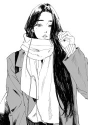 Rule 34 | 1girl, earplugs, greyscale, hand in pocket, highres, jacket, lee q p, long hair, long sleeves, looking at viewer, mole, mole above mouth, mole under eye, monochrome, original, parted lips, scarf, simple background, solo, upper body, white background