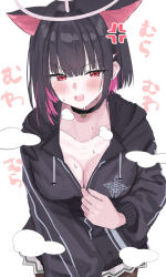 Rule 34 | 1girl, anger vein, animal ears, black choker, black hair, black jacket, blue archive, blush, breasts, cat ears, choker, cleavage, collarbone, colored inner hair, commentary request, drawstring, extra ears, highres, hood, hooded jacket, jacket, kazusa (blue archive), large breasts, long sleeves, miniskirt, multicolored hair, open mouth, pink eyes, pink hair, pleated skirt, short hair, simple background, skirt, solo, steam, sweat, translation request, tsumayouji (tumayog), two-tone hair, unzipped, white background, white skirt