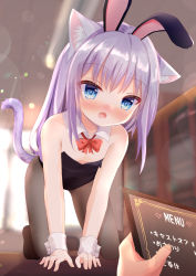 Rule 34 | 1girl, 1other, all fours, animal ear fluff, animal ears, bare shoulders, black leotard, black pantyhose, blush, breasts, cat ears, cat girl, cat tail, covered navel, detached collar, downblouse, fake animal ears, fang, holding, indoors, leotard, long hair, menu, open mouth, original, pantyhose, pink hair, playboy bunny, rabbit ears, small breasts, strapless, strapless leotard, tail, umi suzume, wrist cuffs