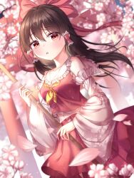 Rule 34 | 1girl, ascot, bare shoulders, blurry, blurry background, blush, bow, branch, breasts, broom, brown hair, cherry blossoms, cowboy shot, depth of field, detached sleeves, dutch angle, flower, frilled bow, frilled shirt collar, frills, hair between eyes, hair bow, hair tubes, hakurei reimu, highres, holding, holding broom, long hair, long sleeves, looking at viewer, medium breasts, midriff, navel, open mouth, outdoors, petals, pink flower, red bow, red eyes, red skirt, ribbon, ribbon-trimmed sleeves, ribbon trim, shirt, sidelocks, skirt, skirt set, solo, touhou, tree, ttopang, white sleeves, wide sleeves, yellow ascot