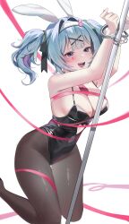 1girl :d absurdres animal_ears armpits arms_up black_leotard black_pantyhose blue_eyes blue_hair blush bound bound_wrists breasts cleavage clothing_cutout cuffs daebol dot_nose fake_animal_ears foot_out_of_frame hair_intakes hair_ornament hairband handcuffs hatsune_miku heart_cutout highleg highleg_leotard highres knees_together_feet_apart large_breasts leotard looking_at_viewer open_mouth own_hands_together pantyhose playboy_bunny pole rabbit_ears rabbit_hole_(vocaloid) short_hair short_twintails simple_background smile solo stomach_cutout stripper_pole teardrop_facial_mark teeth thighs twintails upper_body vocaloid white_background white_hairband x_hair_ornament