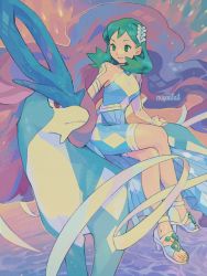 Rule 34 | 1girl, commentary, creatures (company), crossed legs, detached sleeves, feet, game freak, gen 2 pokemon, green eyes, green hair, hair ornament, high heels, highres, knees, kris (pokemon), kris (sygna suit) (pokemon), legendary pokemon, long hair, looking to the side, miyaulait, nintendo, official alternate costume, parted lips, pokemon, pokemon (creature), pokemon masters ex, riding, riding pokemon, signature, sitting, smile, suicune, symbol-only commentary, toes, water