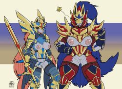 Rule 34 | 2girls, animal ears, armor, breasts, creatures (company), furry, game freak, gen 8 pokemon, gloves, highres, legendary pokemon, multiple girls, nintendo, nipples, pokemon, pussy, sword, tail, thick thighs, thighhighs, thighs, weapon, wolf girl, zacian, zacian (crowned), zamazenta, zamazenta (crowned)