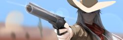 Rule 34 | 1girl, absurdres, aiming, alternate costume, azur lane, blurry, blurry background, cactus, cowboy hat, day, desert, enterprise (azur lane), grey eyes, gun, hair between eyes, handgun, hat, highres, holding, holding gun, holding weapon, long hair, long sleeves, looking at viewer, outdoors, outstretched arm, pointing, pointing at viewer, revolver, scarfpen01, solo, weapon, white hair