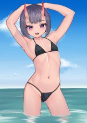 Rule 34 | 1girl, bikini, bob cut, day, fate/grand order, fate (series), flat chest, hands on own head, horizon, horns, looking at viewer, navel, outdoors, partially submerged, purple eyes, purple hair, short hair, shuten douji (fate), skin-covered horns, solo, swimsuit, wading, water, yabai-san