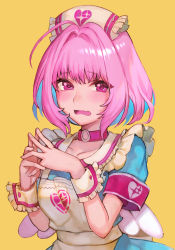 Rule 34 | 1girl, apron, blush, choker, distress, fang, hungry clicker, idolmaster, idolmaster cinderella girls, looking at viewer, open mouth, own hands together, pink choker, pink eyes, pink hair, short hair, solo, yellow background, yumemi riamu