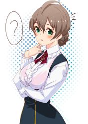 Rule 34 | 1girl, ?, ahoge, blush, breasts, commentary request, frilled sleeves, frills, green eyes, gustav (telomere na), highres, idolmaster, idolmaster million live!, idolmaster million live! theater days, light brown hair, looking at viewer, open mouth, sakuramori kaori, short hair, sketch, solo, spoken question mark