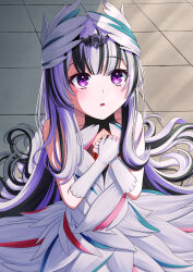Rule 34 | 1girl, absurdres, bare shoulders, black choker, black hair, blush, choker, dragonstone, dress, facing up, feather hair ornament, feathers, fire emblem, fire emblem engage, grey hair, hair ornament, highres, holding, long hair, looking at viewer, looking up, multicolored hair, nintendo, on floor, petite, purple eyes, shiina (shiina c), sitting, solo, two-tone hair, very long hair, veyle (fire emblem), wavy hair