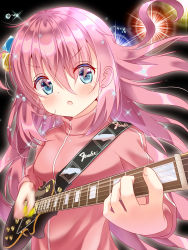 Rule 34 | 1girl, :o, blue eyes, blush, bocchi the rock!, cube hair ornament, electric guitar, floating hair, gibson les paul, gotoh hitori, guitar, hair between eyes, hair ornament, highres, holding, holding instrument, instrument, jacket, jersey, long hair, music, one side up, open mouth, pink hair, pink jacket, playing instrument, plectrum, solo, spotlight, track jacket, upper body, very long hair, water drop, yu-ka0919