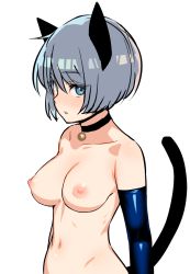 Rule 34 | 1girl, animal ears, bell, neck bell, blue eyes, blue gloves, breasts, cat ears, cat tail, choker, collarbone, elbow gloves, gloves, grey hair, highres, looking at viewer, navel, nezuko, nipples, nude, original, parted lips, short hair, solo, tail