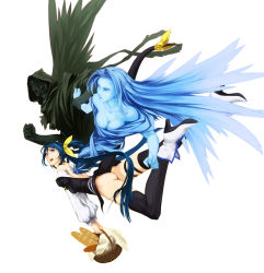 Rule 34 | 1girl, anger vein, arc system works, ass, back, backless outfit, basket, black thighhighs, blue hair, boots, breasts, dizzy (guilty gear), flying, guilty gear, hair ribbon, long hair, looking back, looking up, necro (guilty gear), open mouth, red eyes, ribbon, shiny skin, sideboob, simple background, skirt, skull, tail, tail ornament, tail ribbon, thighhighs, un (le monde-alternatif), undine (guilty gear), wings