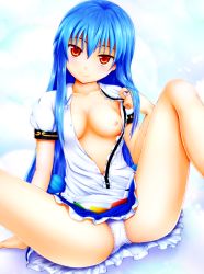 Rule 34 | 1girl, arm support, blue hair, blush, breasts, dress, female focus, food, fruit, hinanawi tenshi, lace, lace-trimmed panties, lace trim, leaning back, long hair, looking at viewer, mofupaka, mofupaka (mjyona), nipples, no bra, open clothes, open dress, open shirt, panties, pantyshot, peach, red eyes, shirt, short sleeves, sitting, smile, solo, spread legs, touhou, underwear, undressing, very long hair, white panties