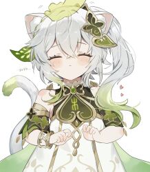 Rule 34 | 1girl, 1other, ^ ^, animal ear fluff, animal ears, bracelet, cape, cat ears, cat girl, cat tail, closed eyes, commentary request, detached sleeves, dress, facing viewer, genshin impact, green cape, hair between eyes, hair ornament, happy, headpat, highres, jewelry, kemonomimi mode, leaf hair ornament, long hair, multicolored hair, nahida (genshin impact), parted lips, short sleeves, side ponytail, simple background, solo focus, sorani (kaeru0768), streaked hair, tail, two-tone hair, white background, white dress, white hair
