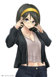 Rule 34 | 1girl, alternate costume, beige shirt, black hair, black jacket, blue eyes, breasts, casual, character name, cleavage, dated, denim, glasses, green-framed eyewear, hairband, highres, jacket, jeans, jewelry, kantai collection, kirishima (kancolle), looking at viewer, medium breasts, midriff, navel, necklace, pants, short hair, simple background, smile, solo, swept bangs, timato, twitter username, white background, yellow hairband