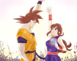 Rule 34 | 1boy, 1girl, :d, :o, ^ ^, arch lapin, arm up, bad id, bad pixiv id, bare arms, bare shoulders, black eyes, black hair, chi-chi (dragon ball), chinese clothes, clenched hand, closed eyes, couple, dougi, dragon ball, dragon ball (classic), floating hair, gradient background, happy, height difference, hetero, long hair, looking up, open mouth, outstretched arm, outstretched hand, pink background, plant, ponytail, profile, short hair, simple background, smile, son goku, spiked hair, upper body, white background, wristband