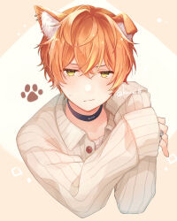 Rule 34 | 1boy, animal ear fluff, animal ears, black choker, blonde hair, blush, brown background, choker, closed mouth, commentary request, cropped torso, dog ears, ear piercing, fang, fang out, hair between eyes, jacket, jewelry, kemonomimi mode, kuroi (liar-player), long sleeves, looking at viewer, male focus, multicolored hair, open clothes, open jacket, orange hair, piercing, project sekai, ring, shinonome akito, sleeves past wrists, solo, streaked hair, sweat, twitter username, two-tone background, upper body, white jacket, yellow eyes